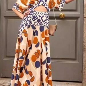 geometric print v neck maxi dress with cutout detail caramel s